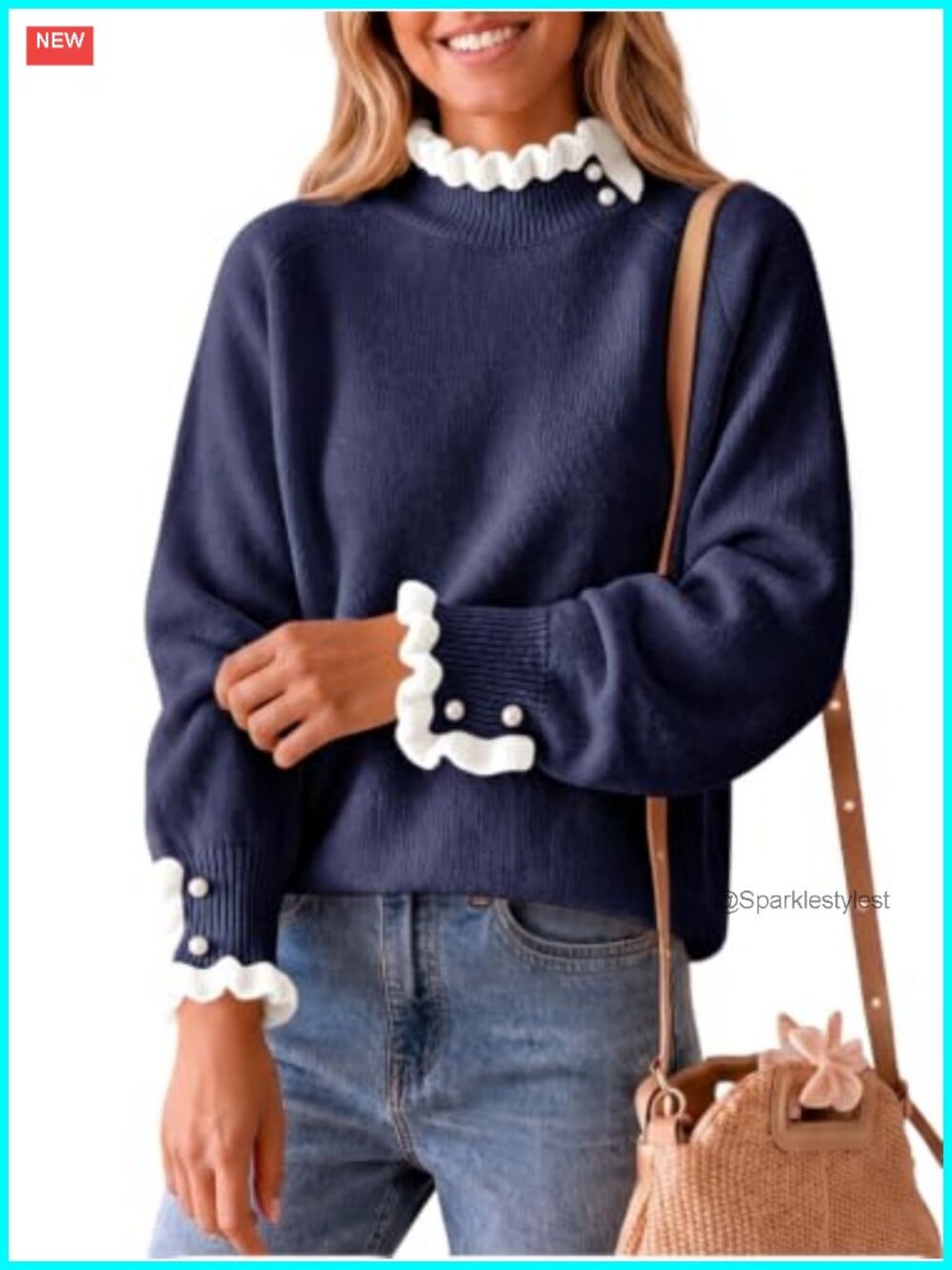 Women's Mock Neck Ruffle Sweater Pearl Knit Pullover
